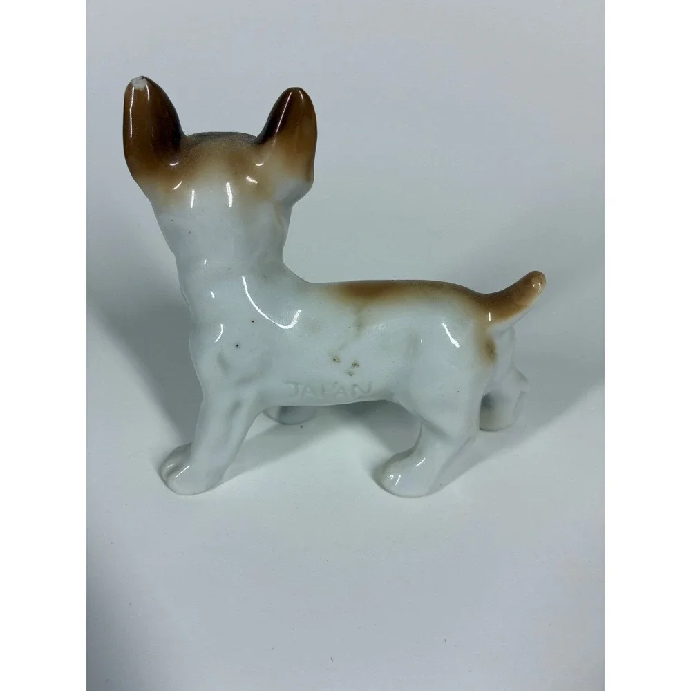 Vintage Japanese Porcelain French Bulldog Figurine White Brown Hand Painted